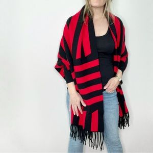 PRETTY PERSUASIONS Red and Black Stripe Shawl Wrap Cardigan with Fringe